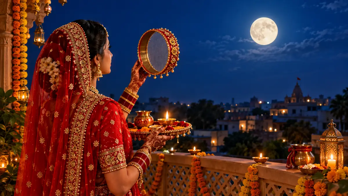 Karwa Chauth 2026 पूजा - चांद को अर्घ्य देती महिला