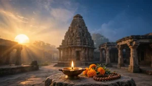 सूर्य-शनि पितृ-पुत्र दोष शांति — उज्जैन मंदिर में सूर्योदय, दीपक, गेंदे के फूल और रुद्राक्ष माला